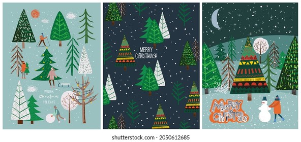 Dibujo a mano vectora ilustración abstracta de moda de tarjetas de vacaciones de Feliz Navidad y Feliz Año Nuevo 2022 con árbol de navidad, bosque de invierno, gente y letras.