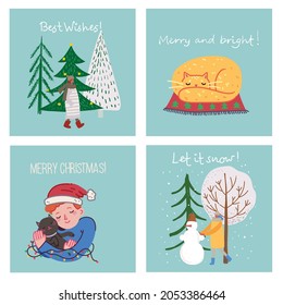Vector hand drawing trendy abstract illustration of holiday cards of Merry Christmas and Happy New Year 2022 with christmas tree, winter forest, people and lettering.