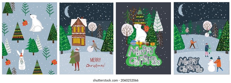 Vector hand drawing trendy abstract illustration of holiday cards of Merry Christmas and Happy New Year 2022 with christmas tree, winter forest, people and lettering.