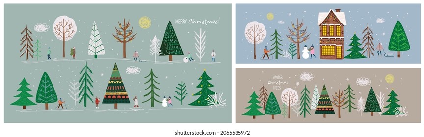 Vector hand drawing trendy abstract illustration of holiday cards of Merry Christmas and Happy New Year 2022 with christmas tree, winter forest, people and lettering.