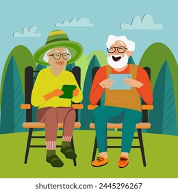 vector hand drawing Two elderly grandparents happily play with their cell phones and social media.