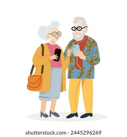 vector hand drawing Two elderly grandparents happily play with their cell phones and social media.