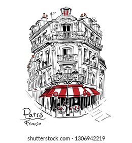 Vector hand drawing. Typical parisain house with cafe and lanterns, Paris, France.