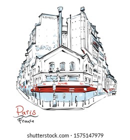 Vector hand drawing. Typical parisain house with cafe, Paris, France.