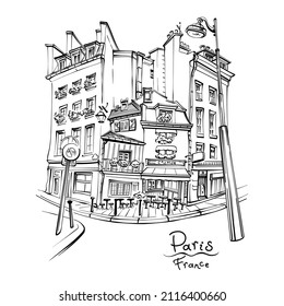 Vector hand drawing. Typical parisain house with cafe and lanterns, Paris, France.