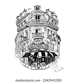 Vector hand drawing. Typical parisain house with cafe and lanterns, Paris, France.