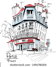 Vector hand drawing. Typical Parisian house with cafe and lanterns, Paris, France.