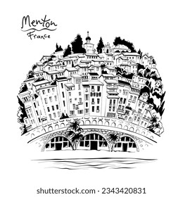 Dibujo de la mano del vector. Casas provenzales típicas de Menton, Provenza, Francia