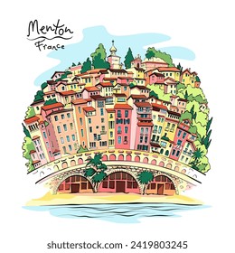 Vector hand drawing. Typical Provencal houses in Menton, Provence, France