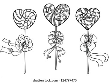 Vector hand drawing Valentines Day heart-shaped lollipops