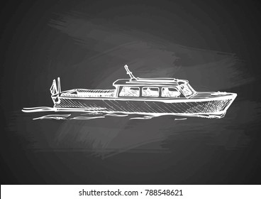 Vector hand drawing of vintage boat on chalkboard.