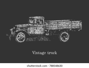 Vector hand drawing of vintage truck on chalkboard.