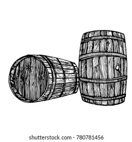 Vector hand drawing wine barrel. Ink drawn wooden barrel in rustic style. Isolated on white background. Hand drawn engraving style illustrations.