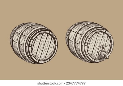 Vector hand drawing wood barrel. Sepia rerto label woodcut barrel for wine, beer, whiskey, cognac. Alcohol engraving illustration.