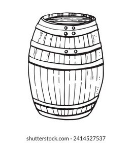 Vector hand drawing wood barrel or cask with beer, vine, alcohol , etc on white background. Line sketch cartoon style doodle. St patrick's day celebration. Octoberfest.