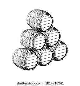 Vector hand drawing wood black barrel with a tap on a stand icons on white background. Engraving style illustrations. Perspective veiw. woodcut
