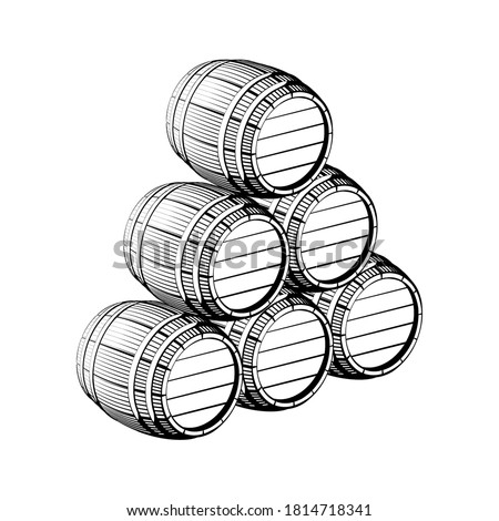 Vector hand drawing wood black barrel with a tap on a stand icons on white background. Engraving style illustrations. Perspective veiw. woodcut