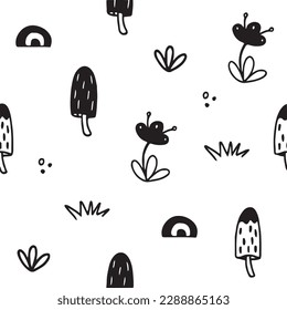 Vector - Hand drawing woodland concept, mushroom, grass, doodle art, seamless pattern, minimal style.