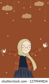 vector hand drawing of young muslim girl gives warm hug with orange background. 