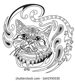 Vector hand drawing zentangle coloring antistress with ornamental British Shorthair cat portrait isolated on white background. Illustration for decorate tee shirt, adult antistress coloring book.