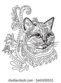 Vector hand drawing zentangle doodle coloring antistress with ornamental british cat portrait isolated on white background. Illustration for decorate tee shirt, adult antistress coloring book.