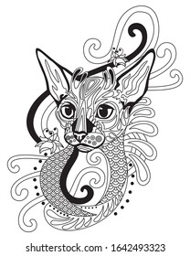 Vector hand drawing zentangle doodle coloring antistress with ornamental Cornish Rex cat portrait isolated on white background. Illustration for decorate tee shirt, adult antistress coloring book.