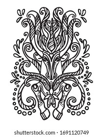 Vector hand drawing zentangle doodle coloring antistress with ornamental unicorn isolated on white. Illustration for decorate tee shirt, stationery, adult antistress coloring book.Stock illustration.