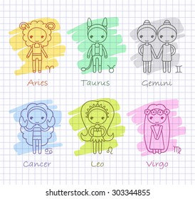 vector hand drawing zodiac signs Aries, Taurus, Gemini, Cancer, Leo, Virgo and color spots