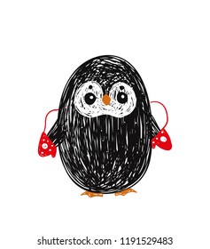 Vector hand drawingpenguin in a gloves. Doodle illustration. Good for wrapping,  baby shower, birthday, children's party, winter holidays.