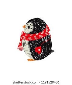 Vector hand drawingpenguin in a scarf. Doodle illustration. Good for wrapping,  baby shower, birthday, children's party, winter holidays.