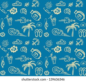 Vector hand drawings background of words and objects relative to summer time, travel, leisure, Happiness.