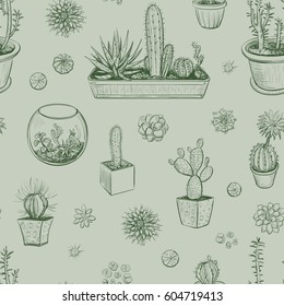Vector hand drawings of cacti and succulents. Seamless pattern on a green background