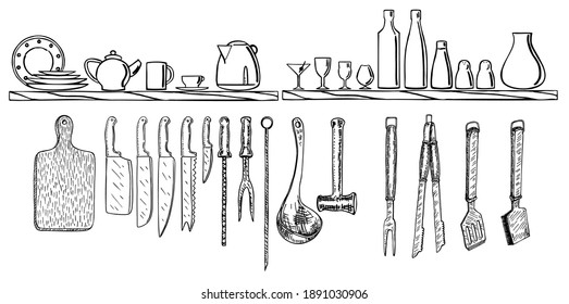 Vector hand drawings crockery and kitchen utensils. Kitchen utensils set. Hand drawn kitchenware and cutlery. Utensil drawing, engraving, ink, line art, vector. Set for design Kitchen objects.