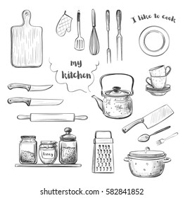Vector hand drawings crockery and kitchen utensils. 