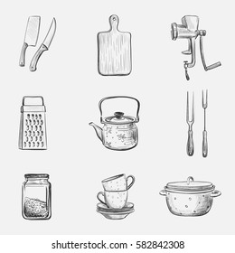 Vector hand drawings crockery and kitchen utensils. 
