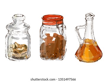 Vector hand drawm  jar with coffee, nuts and oil