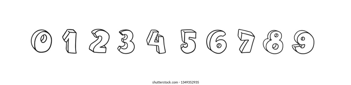 Vector hand drawn 3D line art numbers set. Signs as sketched art, ouline font. Latin alphabet numbers from 1 to 0. Isolated without background. Funny text for birthday party, creative numeric text.