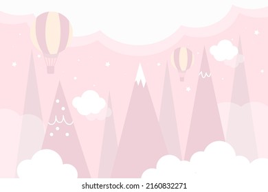 Vector hand drawn 3d wallpaper with mountains, clouds, stars and balloons. Mountains in Scandinavian style. Children's wallpaper.