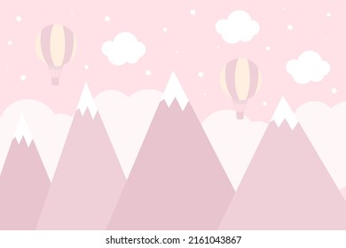 Vector hand drawn 3d wallpaper with mountains, clouds, stars and balloons. Mountains in Scandinavian style. Children's wallpaper.