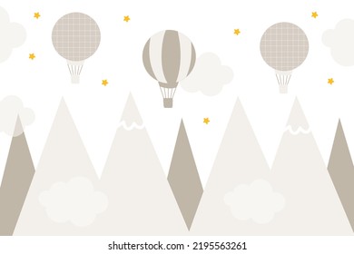 Vector hand drawn 3d wallpaper with mountains, clouds, stars and balloons. Mountains in Scandinavian style. Children's wallpaper.