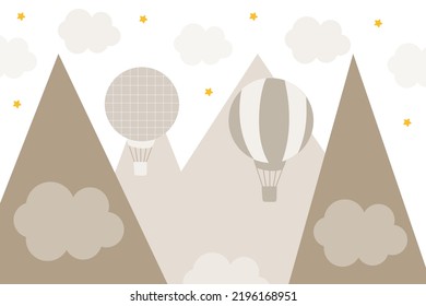 Vector hand drawn 3d wallpaper with mountains, clouds, stars and balloons. Mountains in Scandinavian style. Children's wallpaper.