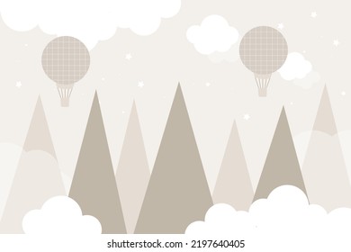 Vector hand drawn 3d wallpaper with mountains, clouds, stars and balloons. Mountains in Scandinavian style. Children's wallpaper.