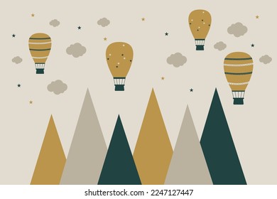 Vector hand drawn 3d wallpaper with mountains, clouds, stars and balloons. Mountains in Scandinavian style. Children's wallpaper.