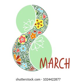 Vector hand drawn 8 march card decorated with flower patterns. Greeting card with international women's day.