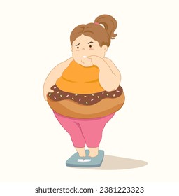 vector hand drawn about Fat woman worried about weight gain