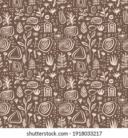 Patrón abstracto artístico botánico sin costuras dibujado a mano vectorial. Un entorno floral sin costuras. Repetición de estilo escandinavo simple de dibujo. Colores modernos vintage de mediados de siglo