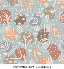 Vector Hand Drawn Abstract Artistic Botanical Seamless Pattern. Cute Floral Seamless Backdrop. Simple Drawing Scandinavian Style Repeat. Vintage Midcentury Modern Colors