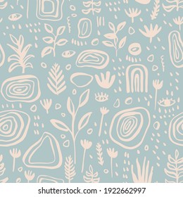 Vector hand drawn abstract artistic botanical seamless pattern. Cute floral seamless backdrop. Simple drawing Scandinavian style repeat. Vintage midcentury modern colors
