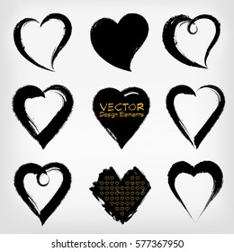 Vector hand drawn abstract brush drawing grunge hearts. Design elements for Valentine's day.