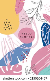 Cubierta abstracta dibujada a mano con vectores con hojas tropicales. Banner vertical. Hola verano. Diseño de verano. Cubierta brillante para un portátil, tela, ropa, papel de regalo.